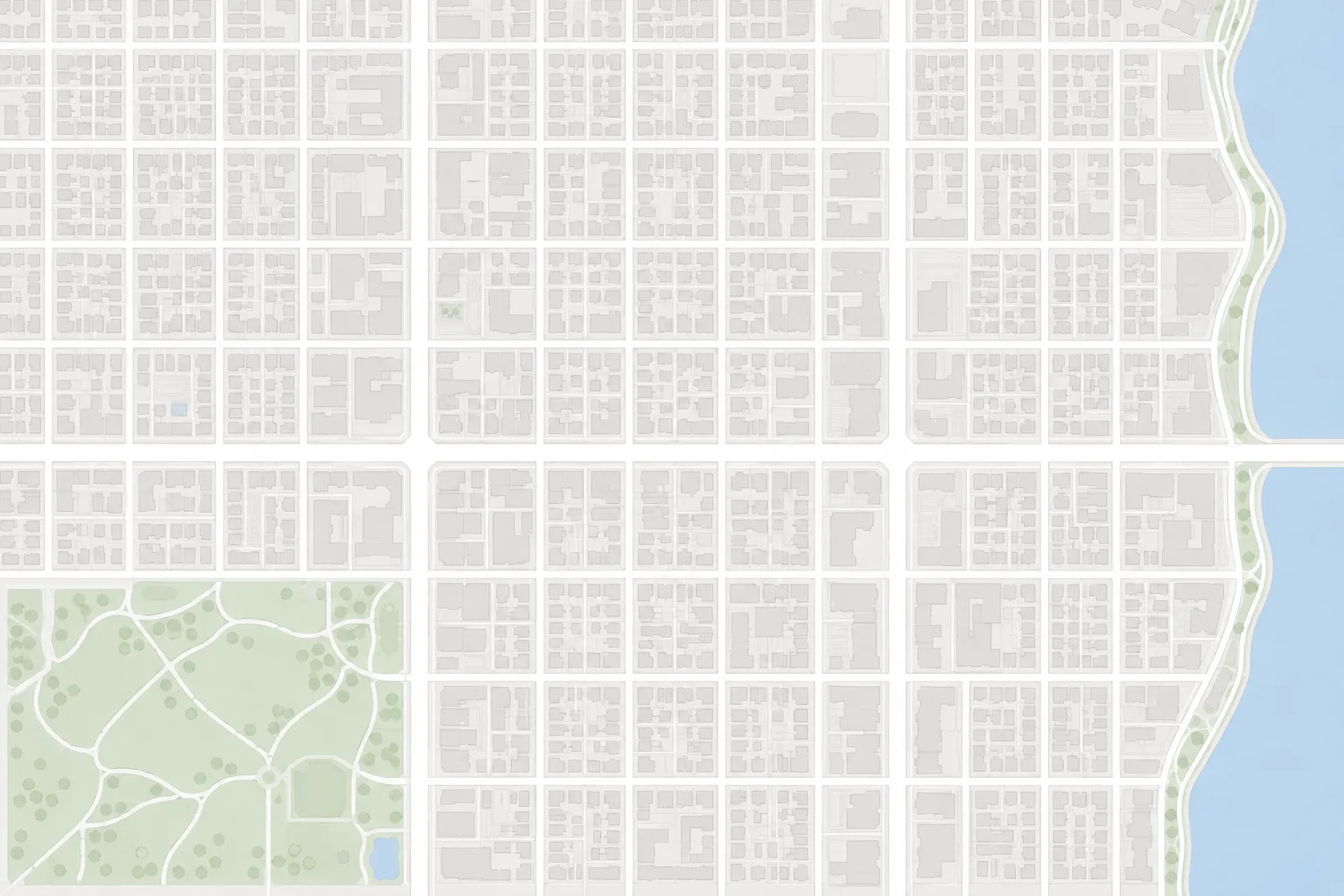 Illustrative street map with a park and river