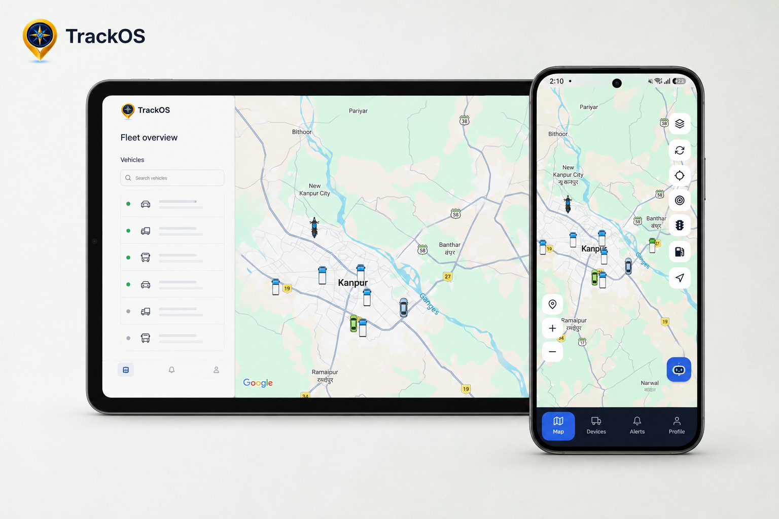 TrackOS tablet and smartphone showcase with a fleet map around Kanpur, vehicle markers and mobile navigation